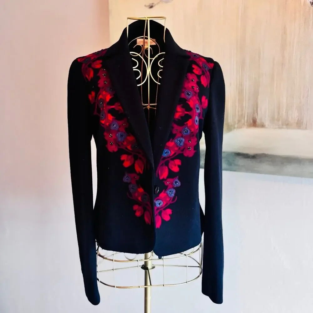 Tory Burch Navy Wool Blend Embroidered Floral Beaded Blazer Jacket XS